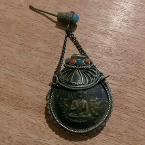 Vintage Snuff Perfume Pendant With Buddha Coins On Both Sides Gemstones Inlayed